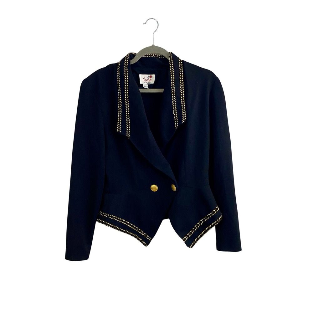 Vintage Caron Chicago Black Gold Trim‎ Jacket Peplum Blazer Top Balmain Style